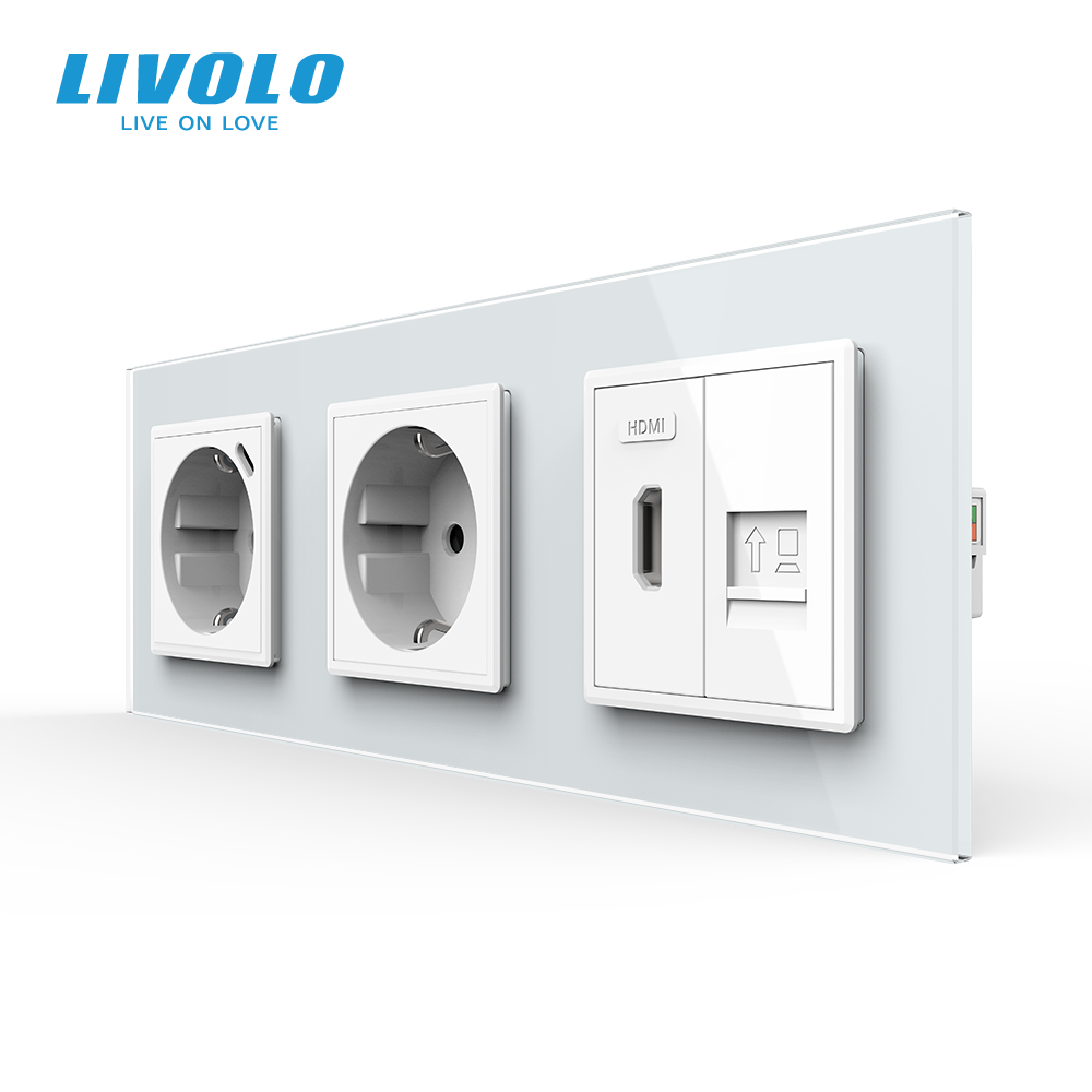 Розетка LIVOLO з USB 18Вт, HDMI і Інтернет RJ-45, із заземленням, шторки, біла, скляна рамка, 250В 16А