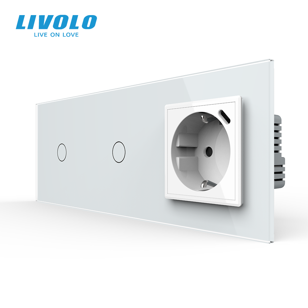 Прохідний сенсорний димер LIVOLO 2 сенсори (1-1) з розеткою з USB Type-C 18Вт, білий 2.5D скло, заземлення