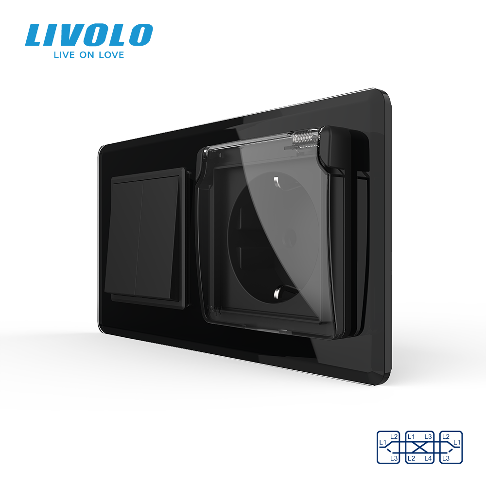 Двоклавішний перехресний вимикач з розеткою кришка IP44 LIVOLO чорний 2.5D скло, із заземленням, захисні шторки