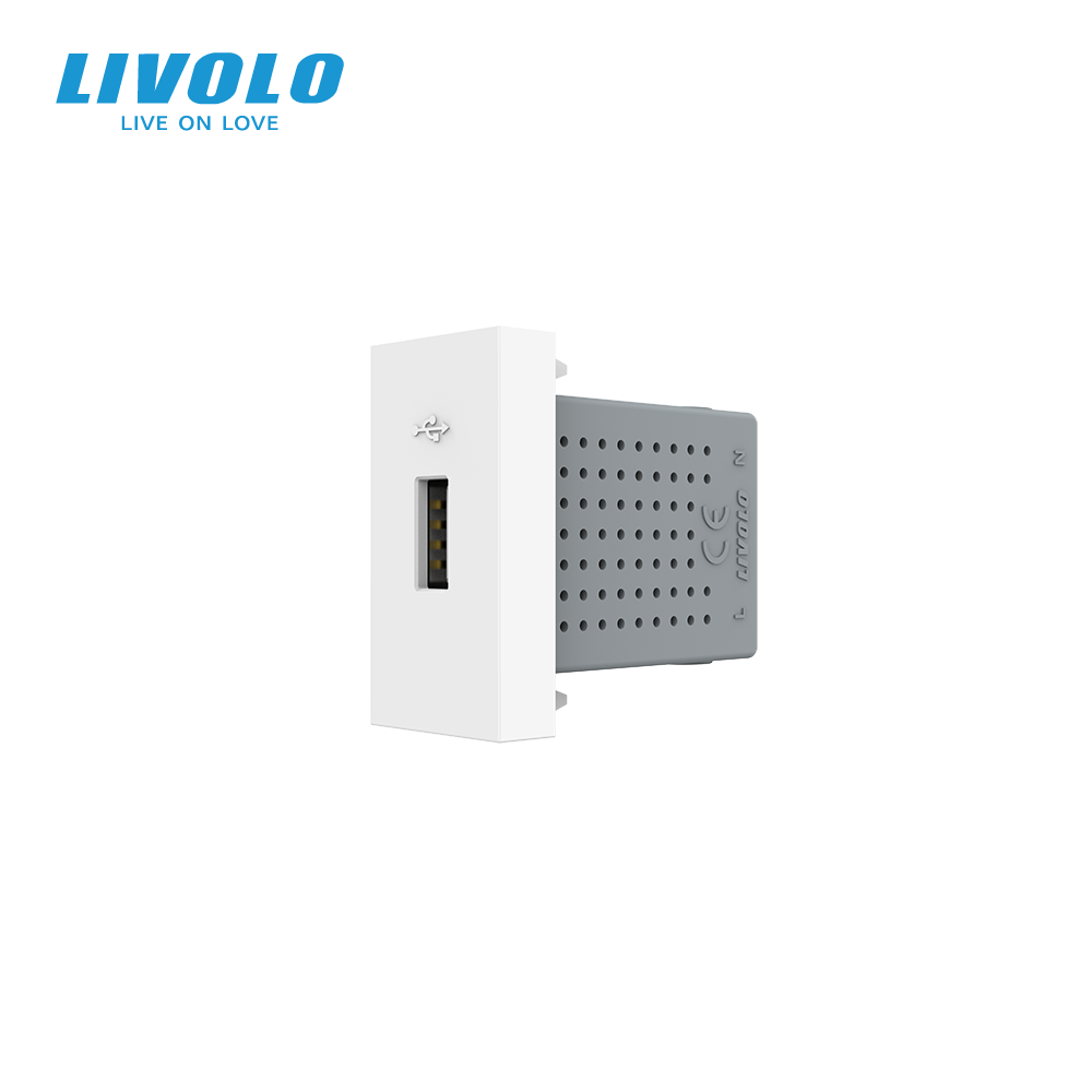 USB розетка LIVOLO 5V 2.1A, біла, 10Вт, з блоком живлення, модуль 0.5 поста (VL-FCUA-1WP)