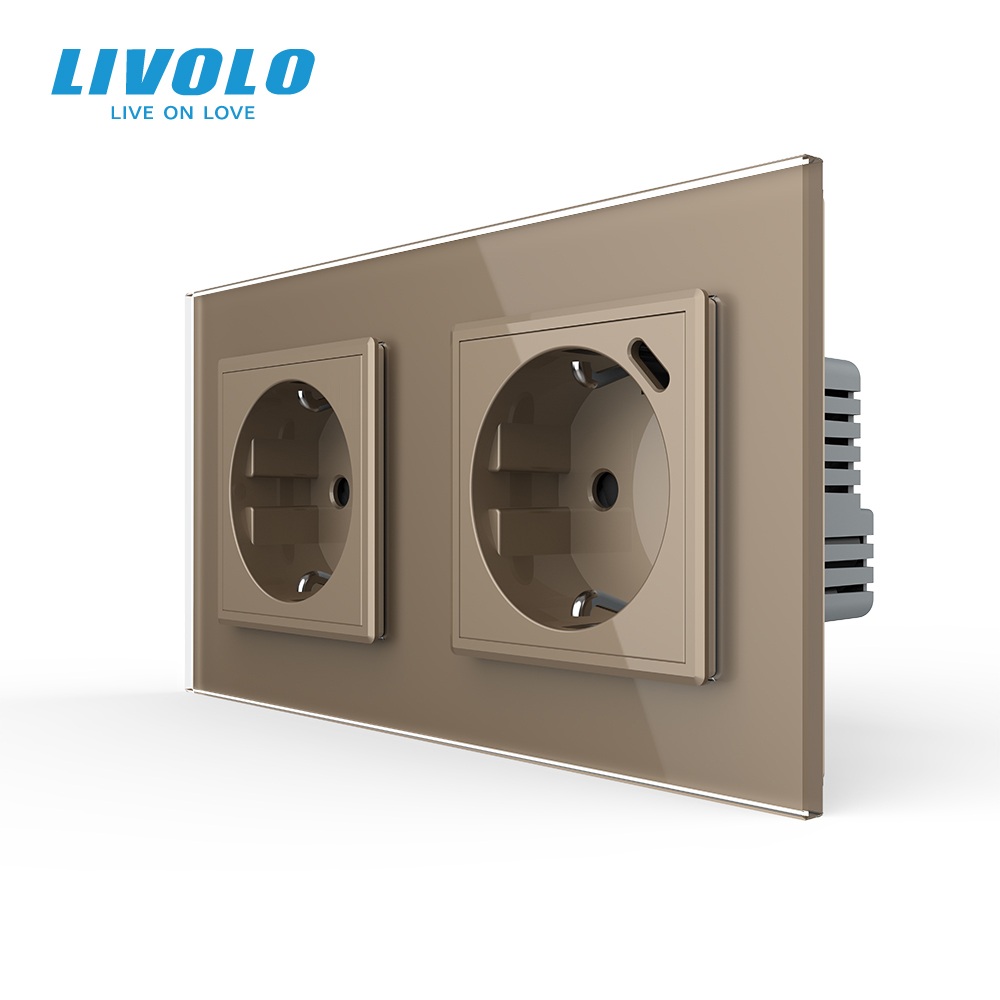 Подвійна розетка LIVOLO з USB Type-C 18Вт, із заземленням, шторки, золота, скляна рамка, 250В, 16А