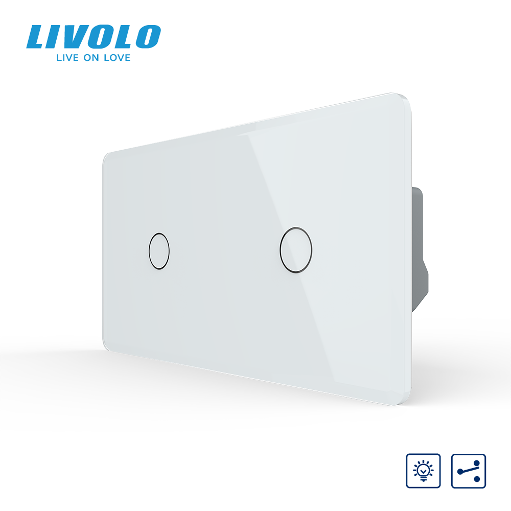 Сенсорний прохідний димер LIVOLO, 2 сенсори (1-1), білий 2.5D, скло