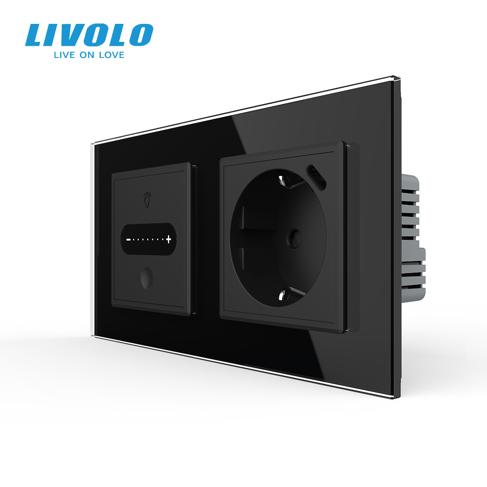 Розумний сенсорний прохідний димер з розеткою USB Type-C 18Вт LIVOLO, із заземленням, шторки, чорний 2.5D, скло