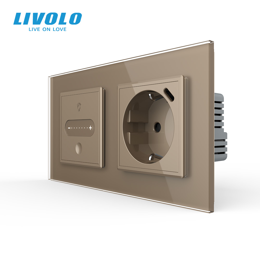 Розумний сенсорний прохідний димер з розеткою USB Type-C 18Вт LIVOLO, із заземленням, шторки, золото, скло
