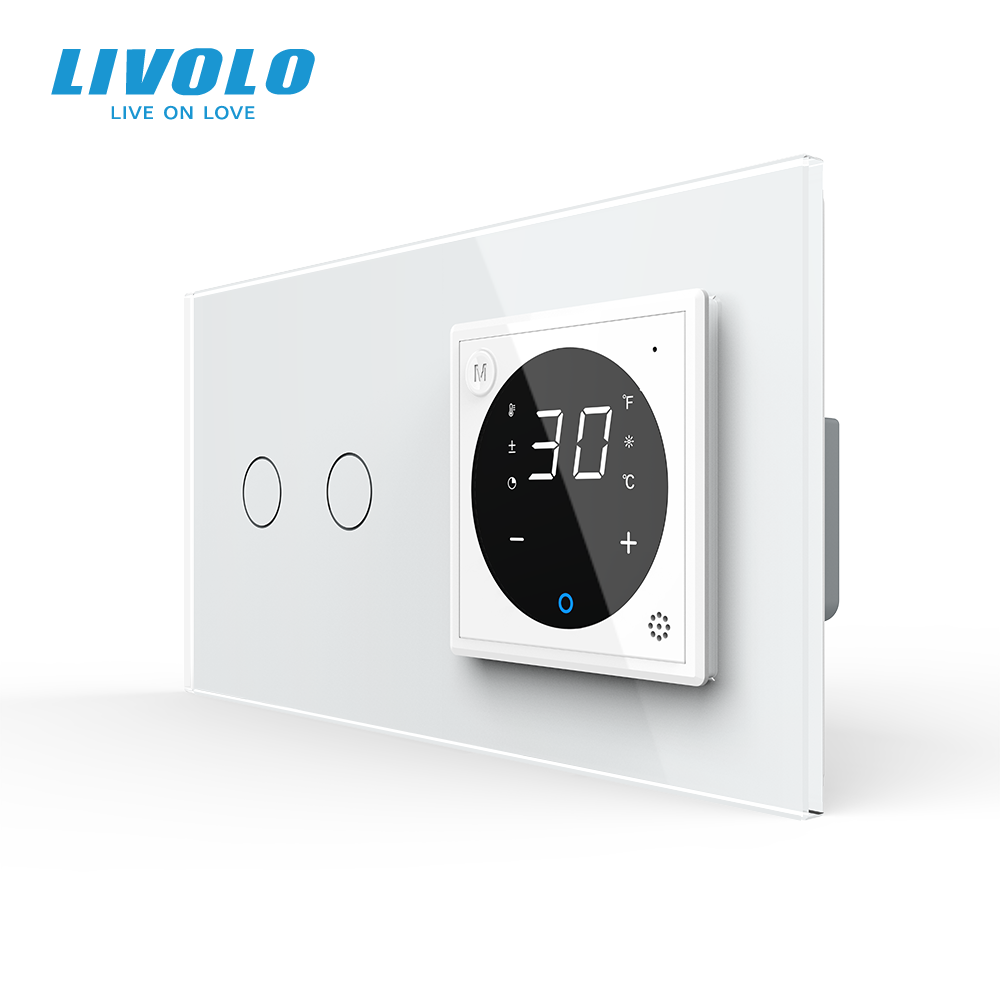 Розумний терморегулятор з керуванням зі смартфона + подвійний вимикач LIVOLO, білий, скляна рамка