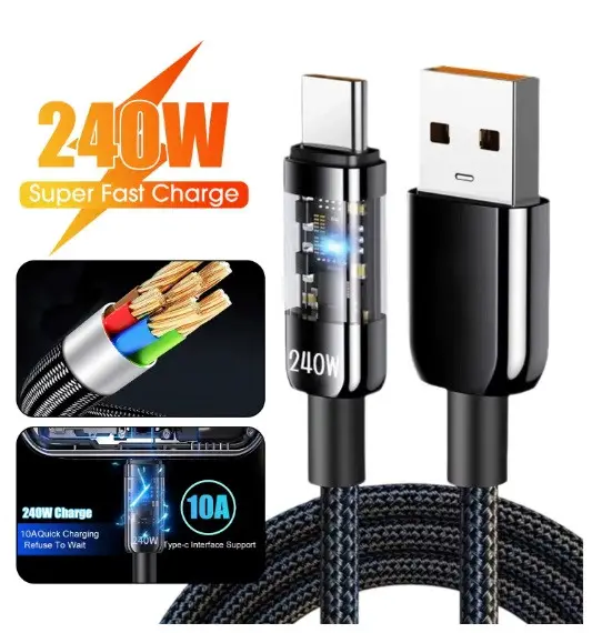 Плетений кабель для швидкого заряджання 10 А USB Type C.  Чорний 1 метр