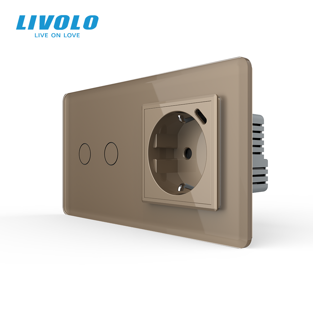 Сенсорний подвійний вимикач LIVOLO з USB Type-C 18 Вт золотий 2.5D 16 А 230 В із заземленням шторки скло