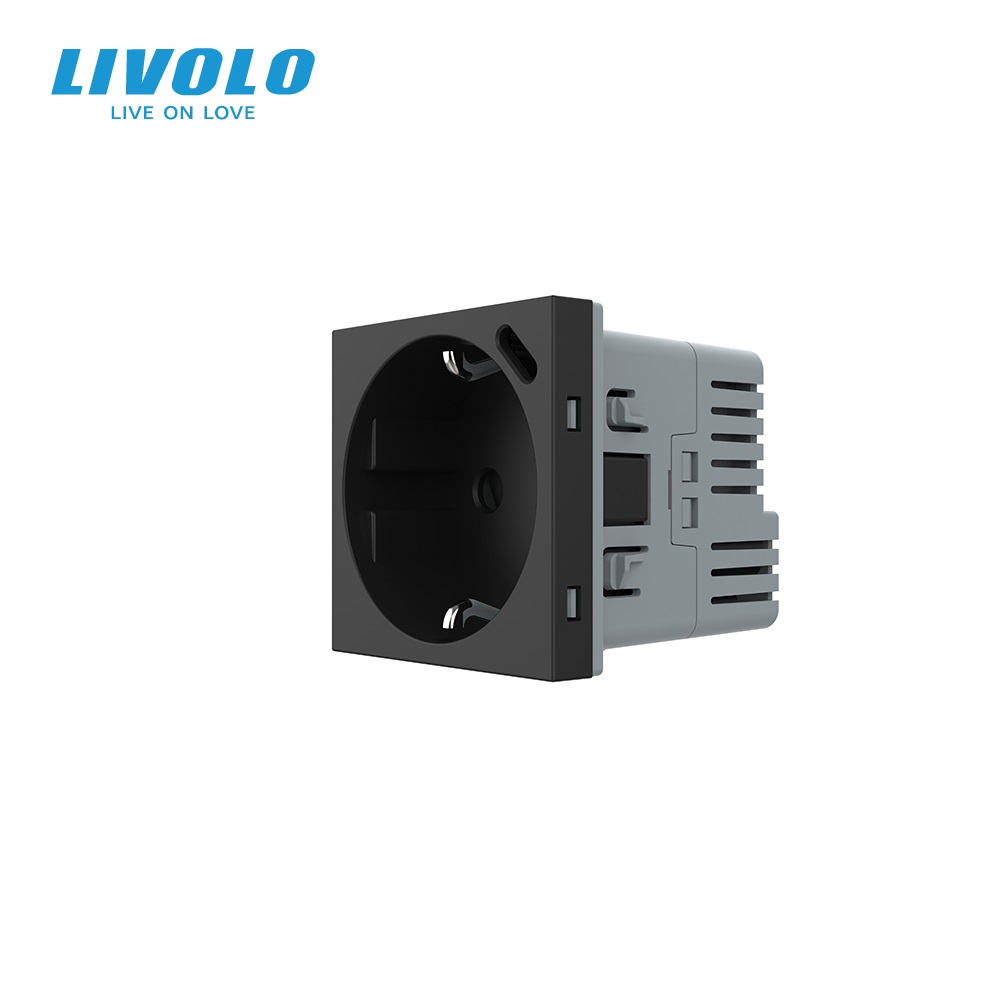 Електрична розетка LIVOLO з USB Type-C PD 18Вт, швидке заряджання iPhone, чорна, 16А 230В, із заземленням, шторки, модуль (VL-FCTF16A.UC18W-2BP)