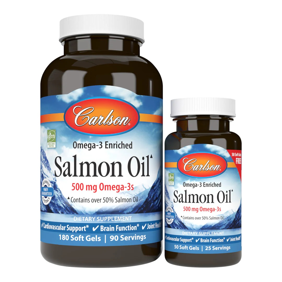 Норвежський Лососевий Жир, 500 мг, Norwegian Salmon Oil, Carlson, 180+50 желатинових капсул