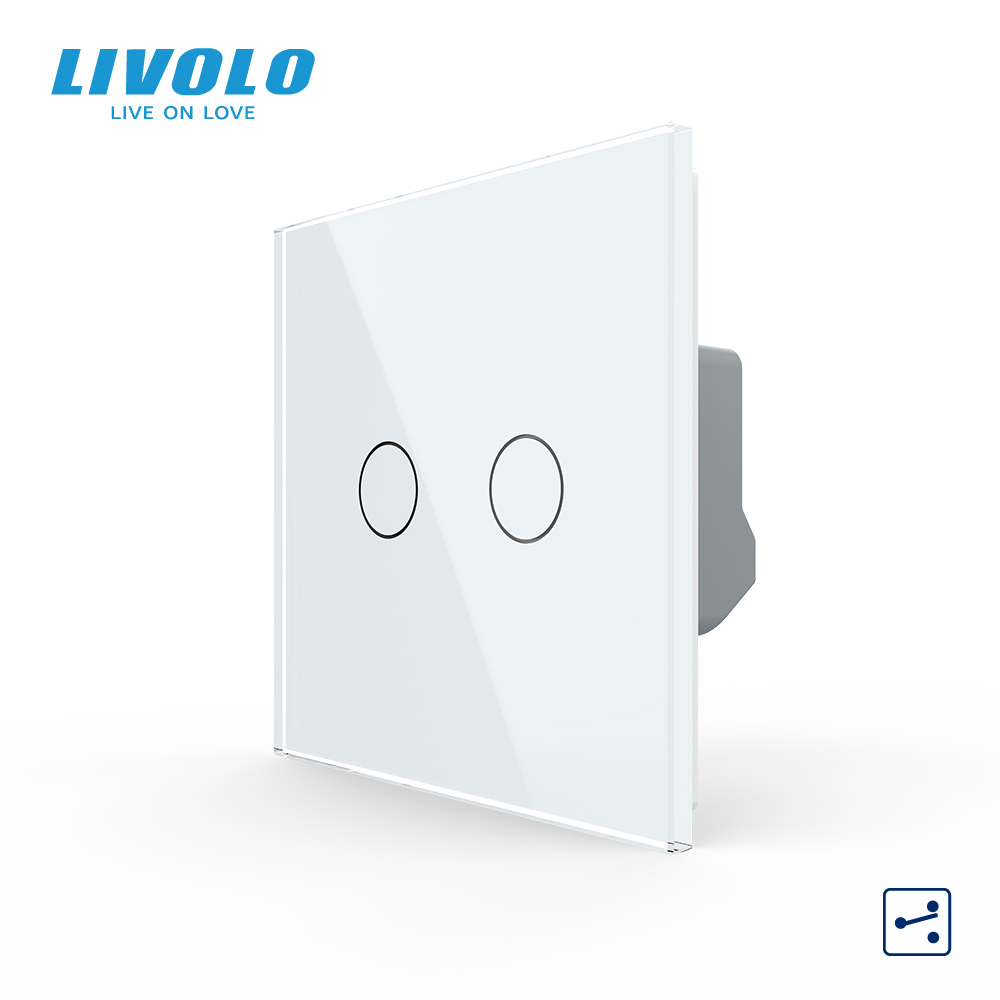Сенсорний вимикач LIVOLO, 2-сенсорний, білий скляний, прохідний / перехресний, 5А 230В, без нейтралі (VL-C7FC2S-2WP)