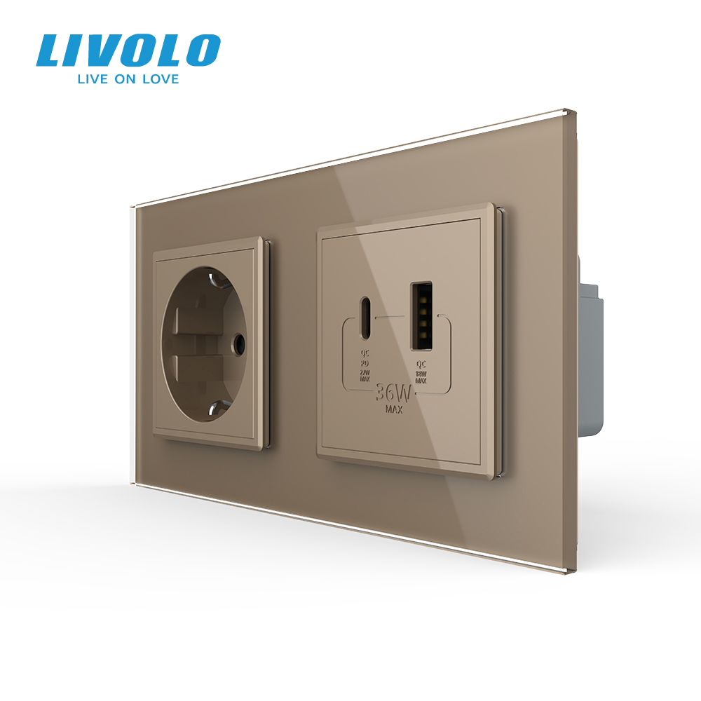 Розетка LIVOLO з USB-A та USB-C, Power Delivery 36W, золота, настінна дизайнерська, скляна рамка