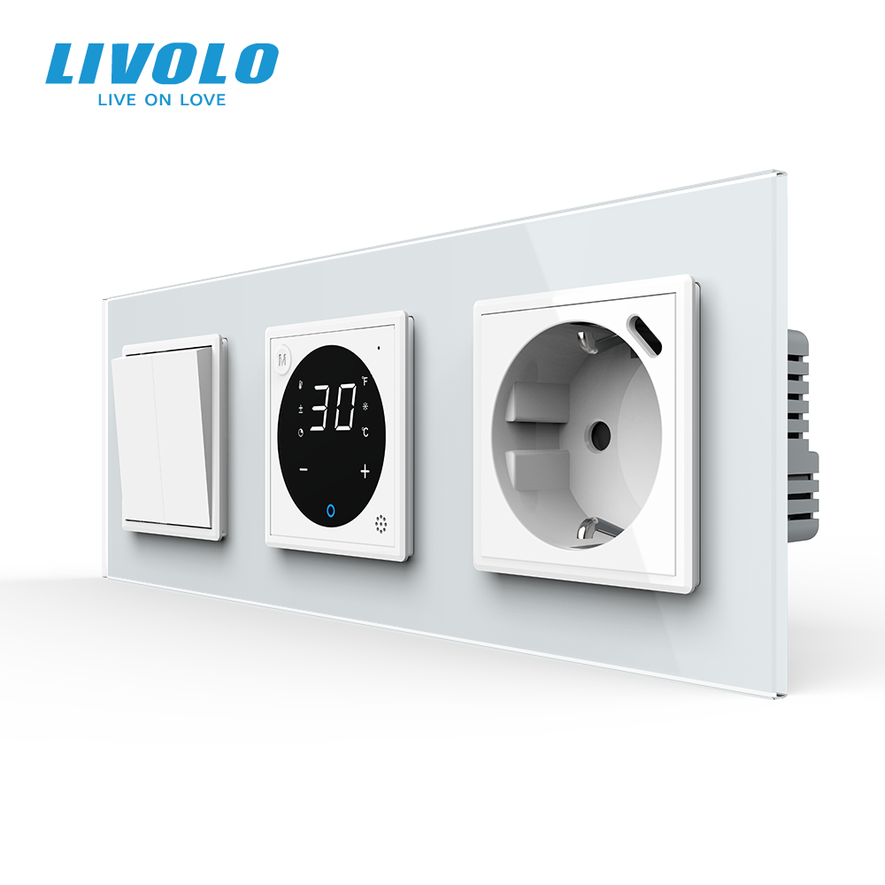 Терморегулятор для теплої підлоги + перехресний 2-вимикач + USB Type-C 18Вт LIVOLO, білий скляний