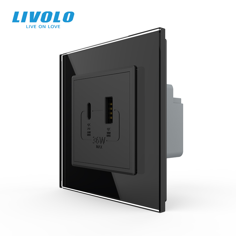 Розетка USB-A та USB-C з Power Delivery 36W Livolo чорний скло (VL-C7FCUA18W.UC18W-2BP)