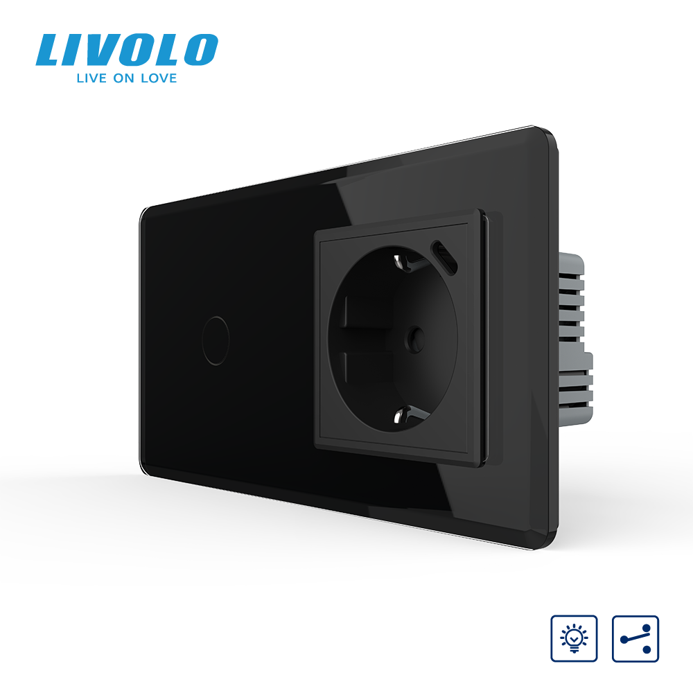 Прохідний сенсорний димер LIVOLO з розеткою та USB Type-C 18Вт, чорний 2.5D, із заземленням і захисними шторками