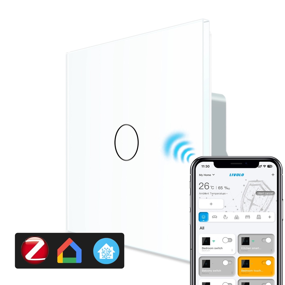 Розумний сенсорний прохідний/перехресний ZigBee вимикач 1 сенсор Livolo білий скло (VL-C7FC1SZ-2WP)