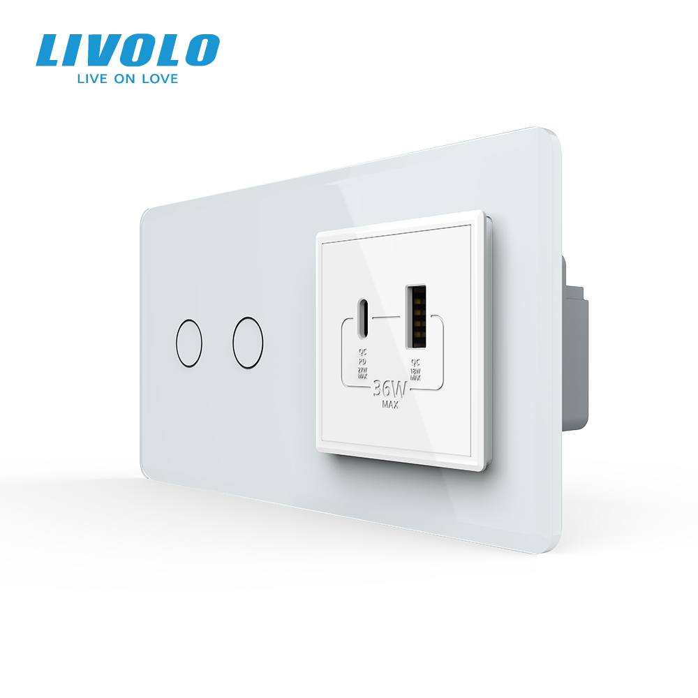 Сенсорний (дотиковий) подвійний вимикач LIVOLO з розеткою USB-A + USB-C 36Вт білий 2.5D скло