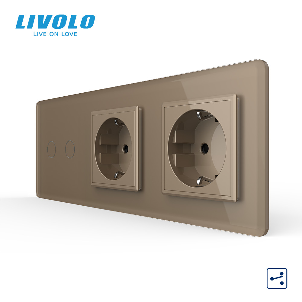 Сенсорний прохідний/перехресний вимикач 2 сенсора 2 розетки LIVOLO золото 2.5D скло