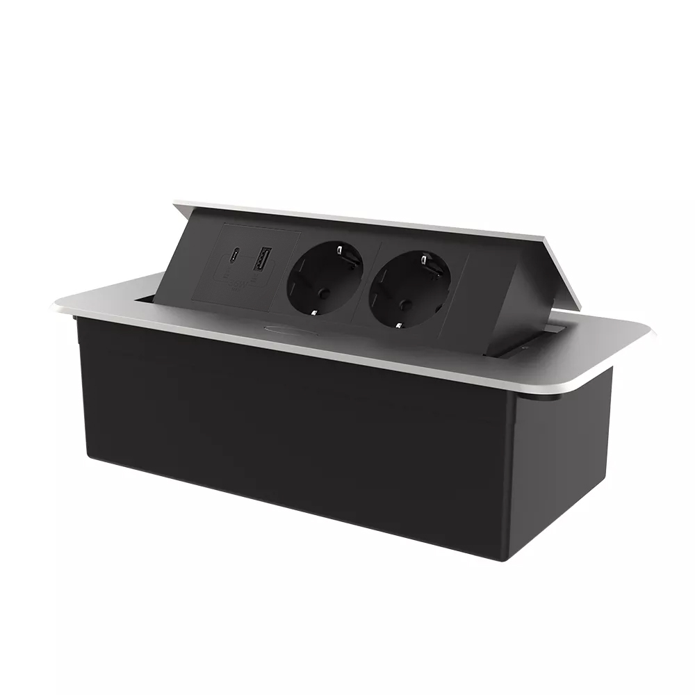 Меблева розетка потрійна LIVOLO срібна, вбудована у стільницю, з USB-A і USB Type-C 36 Вт, висувна, з заземленням, плавне відкриття, алюміній (VL-SHS013-FCTC-FCUA.UCBP-S)