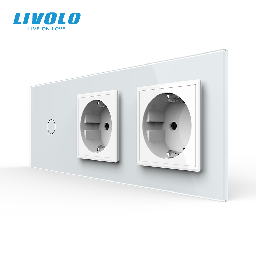 Сенсорний вимикач 1 сенсор 2 розетки Livolo білий скло (VL-C701/C7C2EU-11)