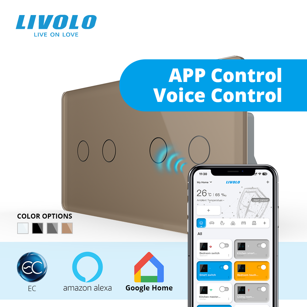 Розумний сенсорний (дотиковий) вимикач LIVOLO 4 клавіші (2-2) золотий 2.5D скло Wi-Fi