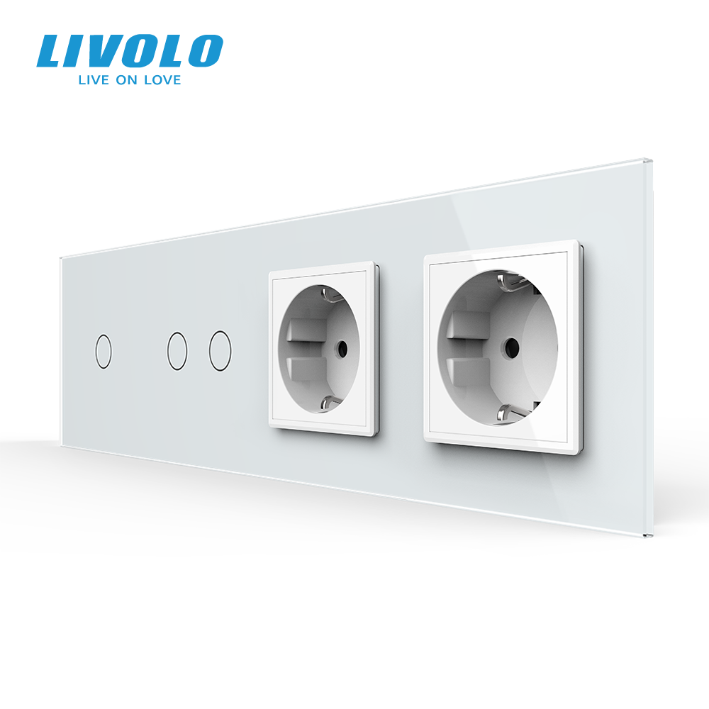 Сенсорний вимикач 3 сенсора (1-2) 2 розетки Livolo білий скло (VL-C701/C702/C7C2EU-11)
