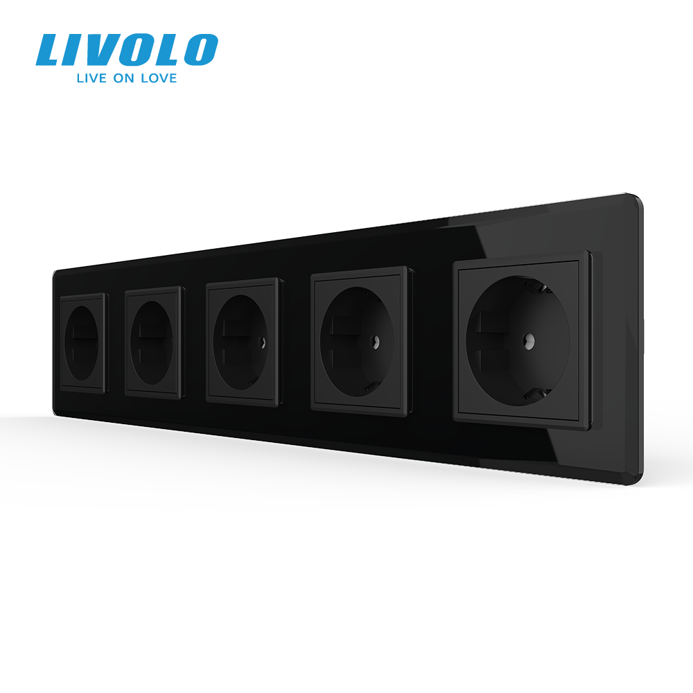 П’ятимісна електрична розетка з заземленням LIVOLO, чорна, скляна 2.5D рамка, шторки, 250В 16А