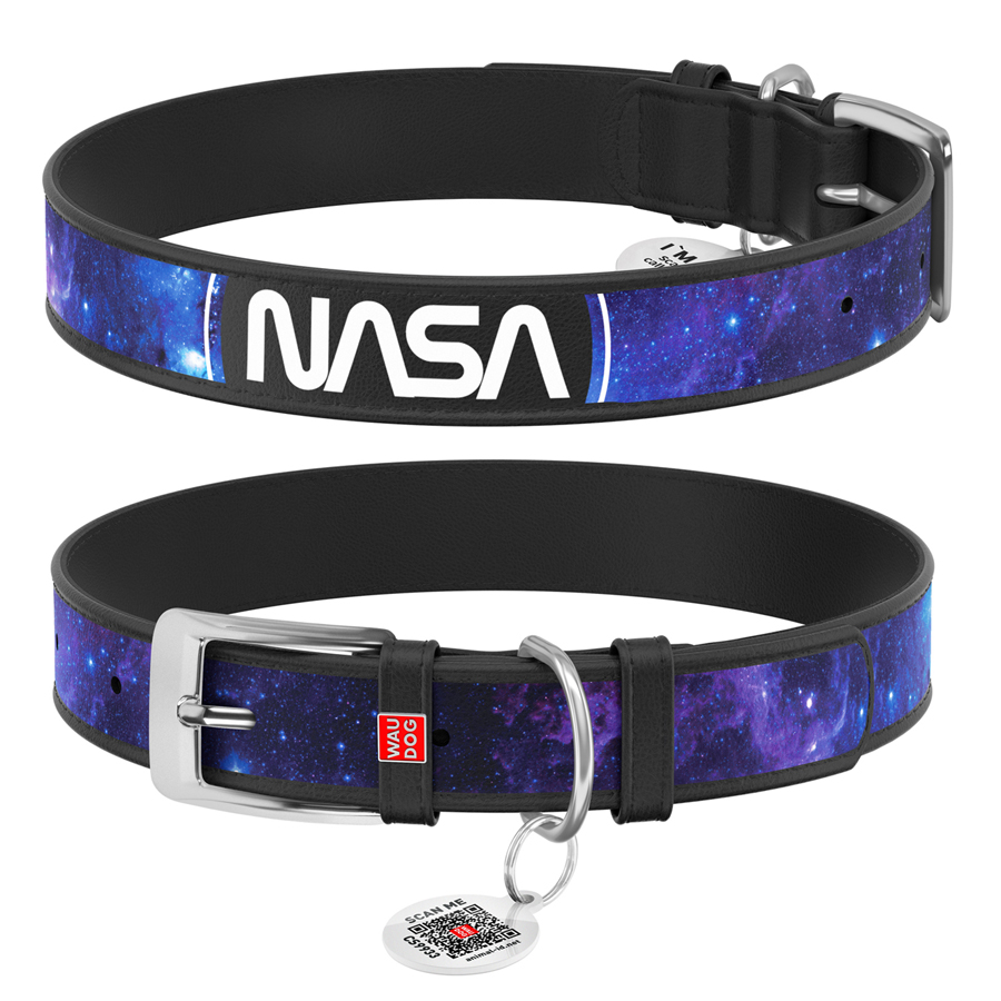 Нашийник для собак шкіряний WAUDOG Design з QR паспортом, малюнок "NASA21",  XXS, Ш 12 мм, Д 18-24 см, чорний