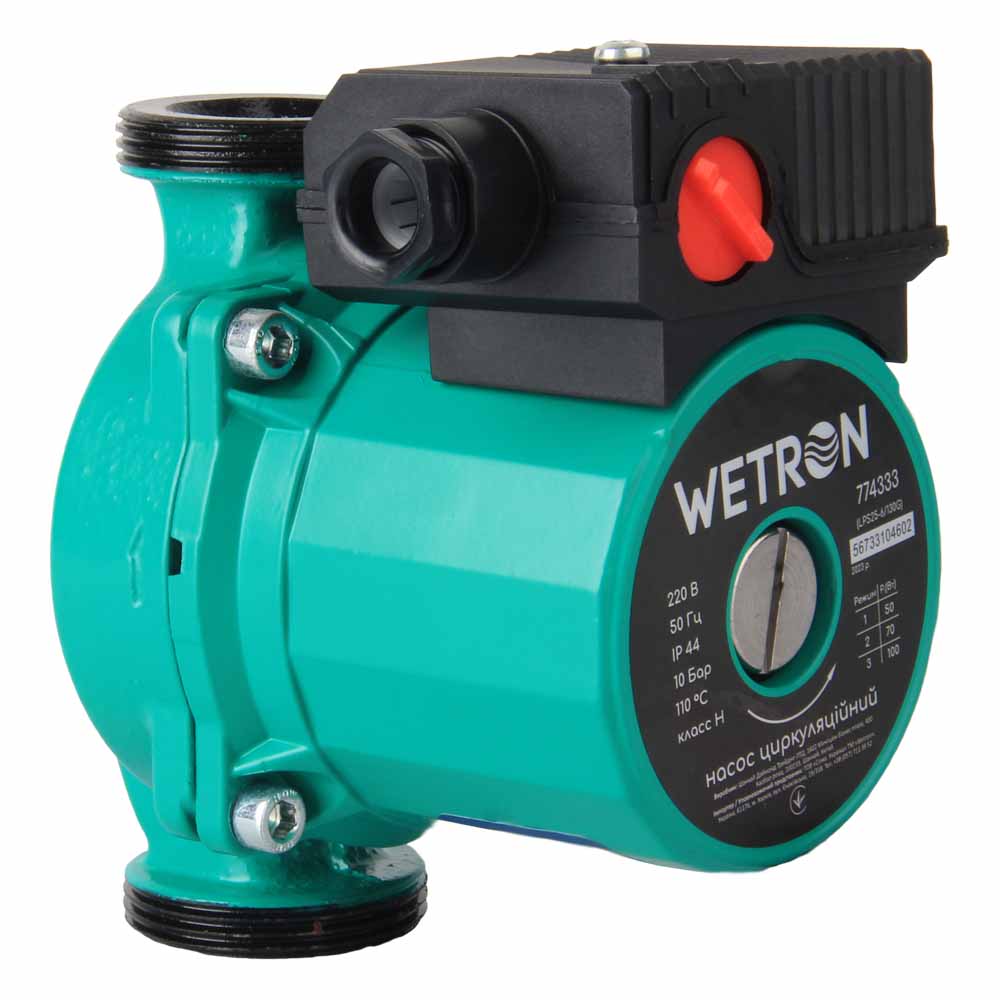 Насос циркуляционный 75Вт Hmax 4м Qmax 45л/мин Ø1½" 130мм зел + гайки Ø1" WETRON (774313)