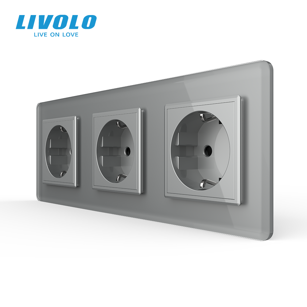 Потрійна електрична розетка з заземленням LIVOLO, сіра, скляна 2.5D рамка, шторки, 250В 16А