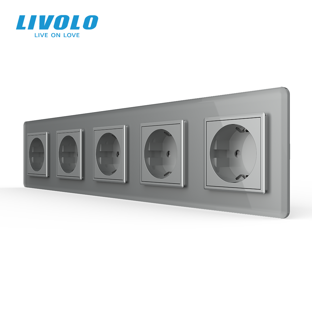 П’ятимісна електрична розетка з заземленням LIVOLO, сіра, скляна 2.5D рамка, шторки, 250В 16А