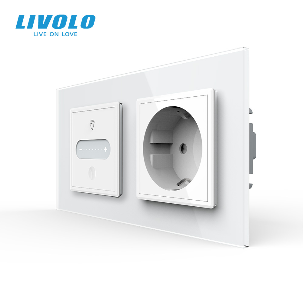 Розумний сенсорний прохідний димер з розеткою LIVOLO 16А 230В із заземленням, шторки, білий 2.5D, скло