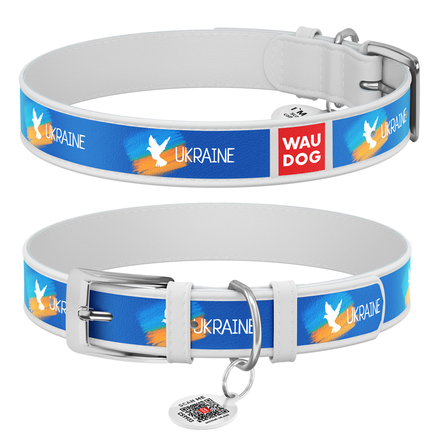 Нашийник для собак шкіряний WAUDOG Design з QR паспортом, малюнок "Прапор", XL, Ш 35 мм, Дов 46-59 см, білий