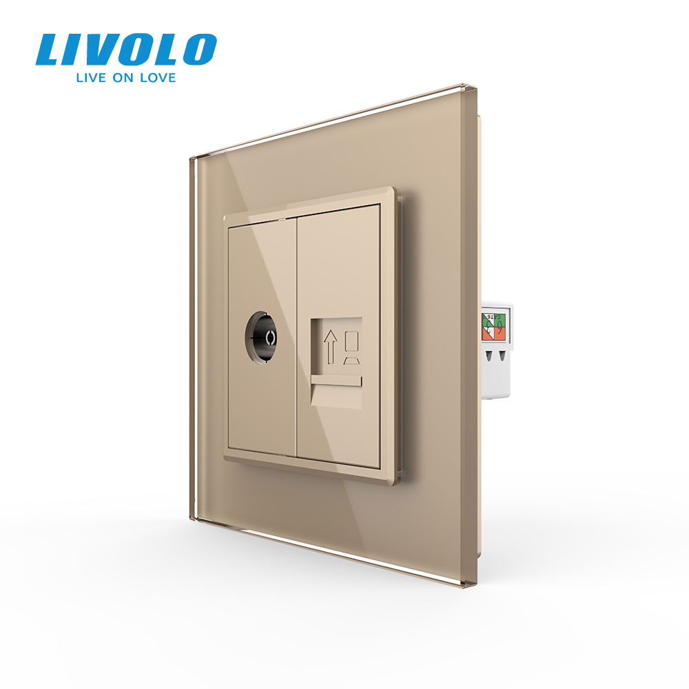 Розетка комп'ютерна RJ-45 і ТБ розетка LIVOLO золота 2.5D скло