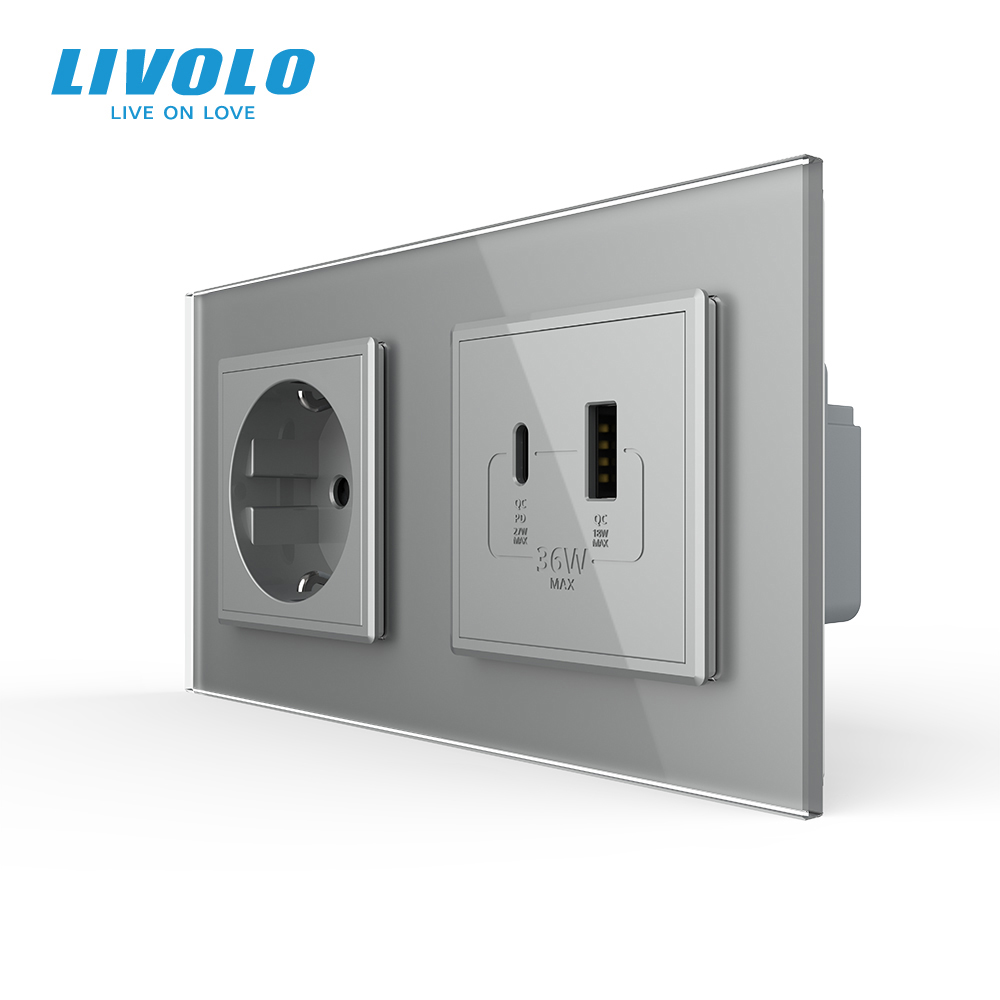 Розетка LIVOLO з USB-A та USB-C, Power Delivery 36W, сіра, настінна дизайнерська, скляна рамка
