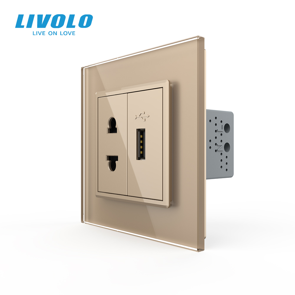 Розетка універсальна з USB розеткою LIVOLO золота 2.5D скло