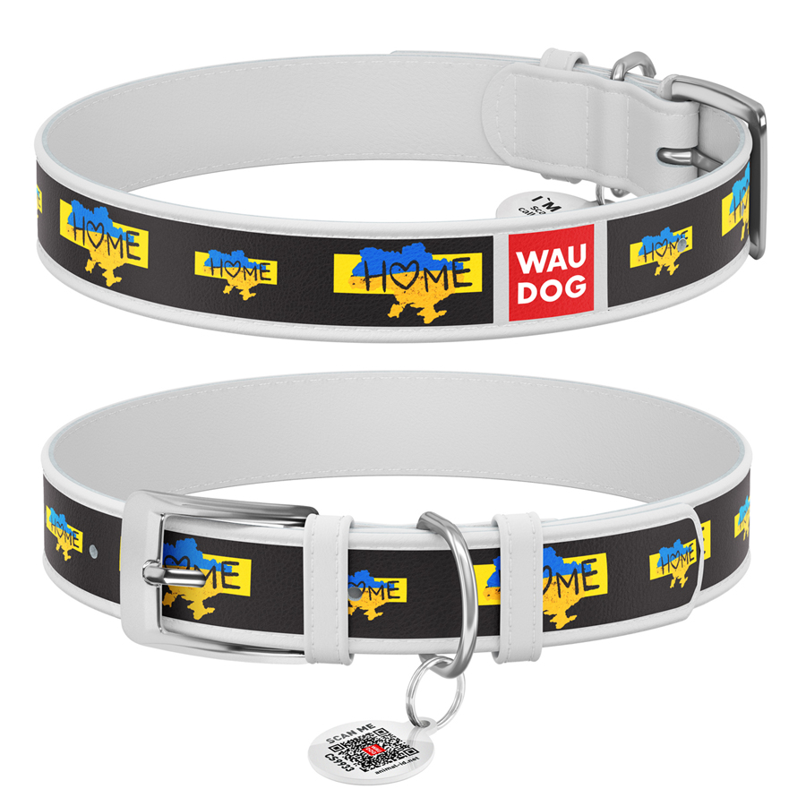 Нашийник для собак шкіряний WAUDOG Design з QR паспортом, малюнок "Дім", XL, Ш 35 мм, Дов 46-59 см, білий