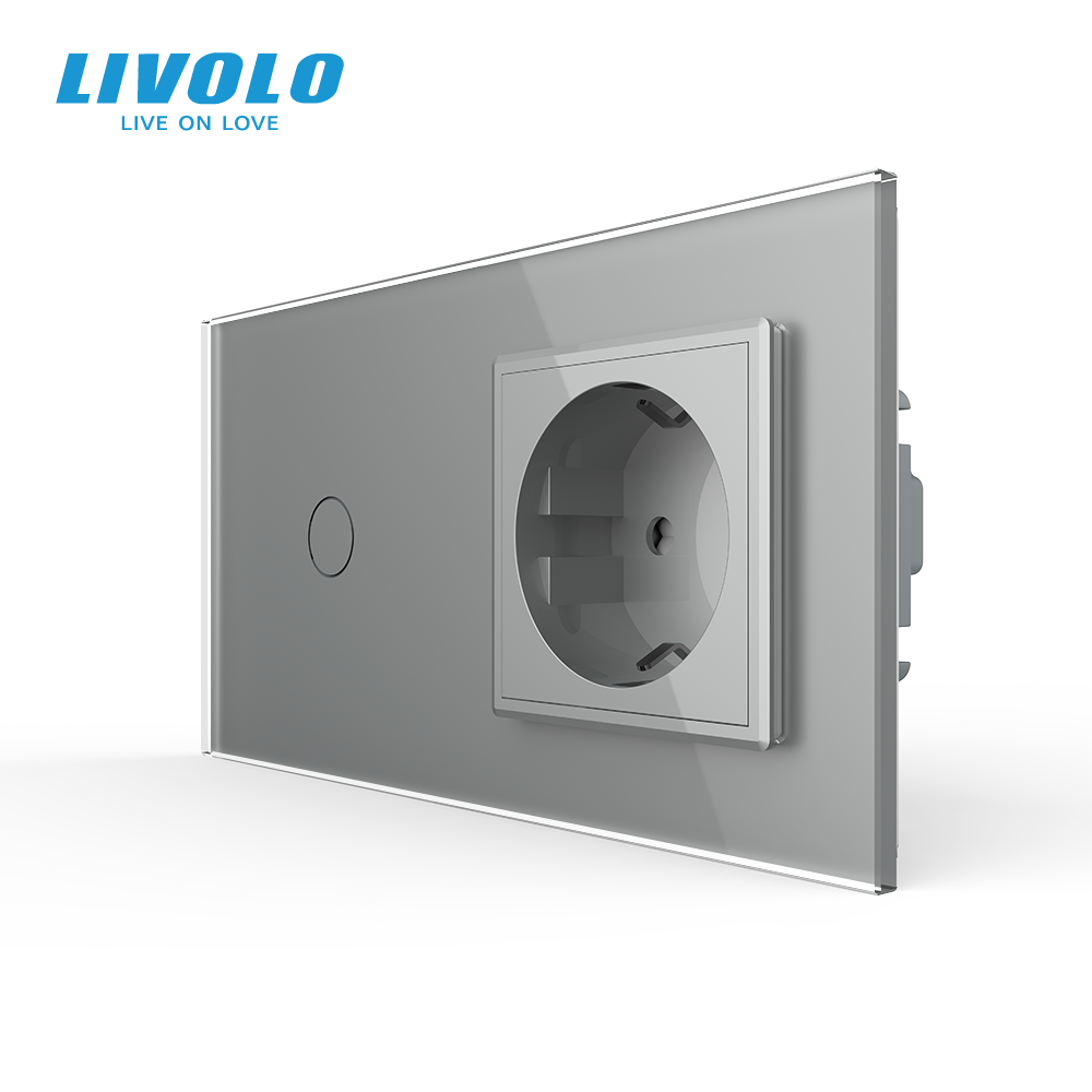Сенсорний прохідний/перехресний вимикач 1 сенсор 1 розетка Livolo сірий скло (VL-C701S/C7C1EU-15)