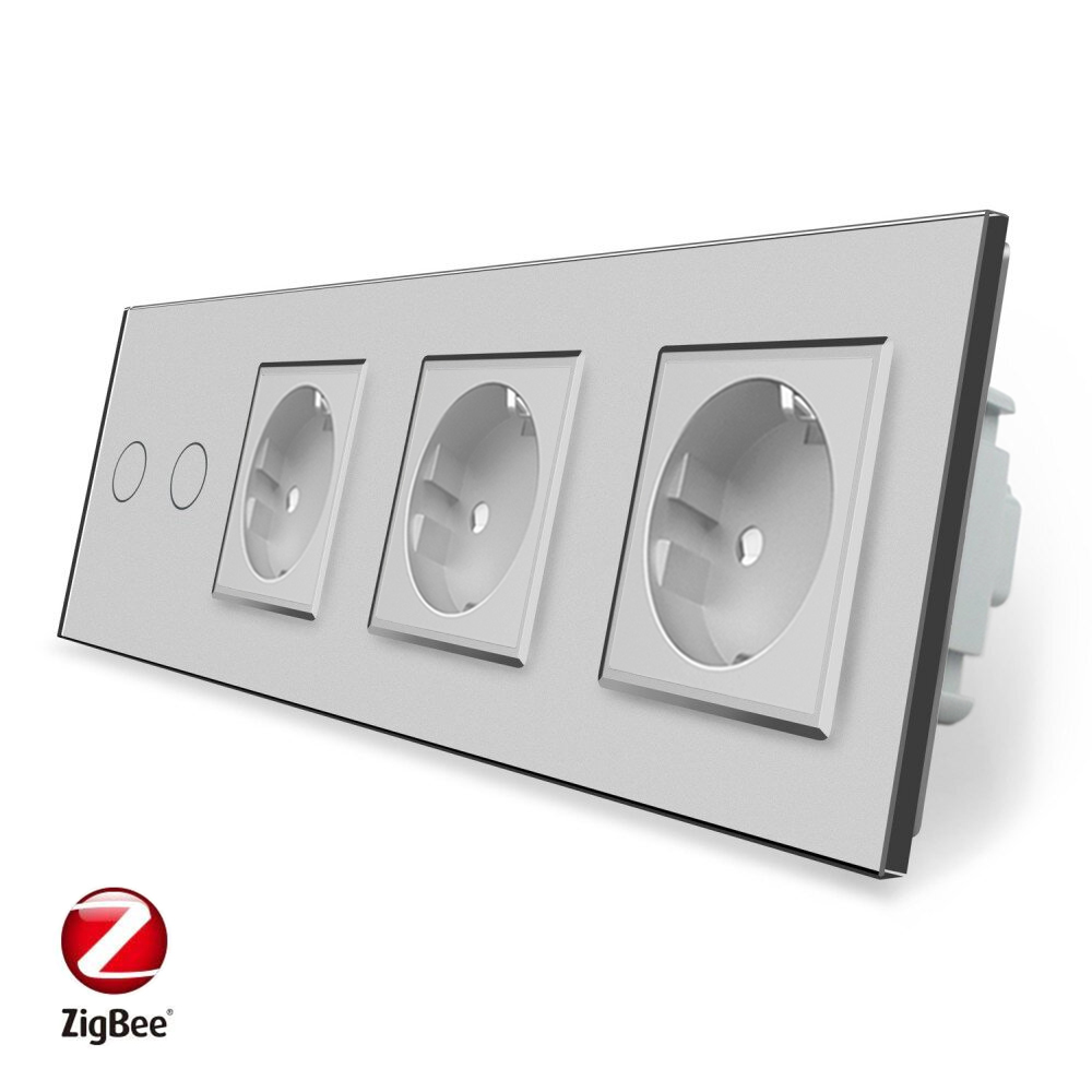 Розумний сенсорний ZigBee вимикач 2 сенсора 3 розетки Livolo сірий скло (VL-C702Z/C7C3EU-15)