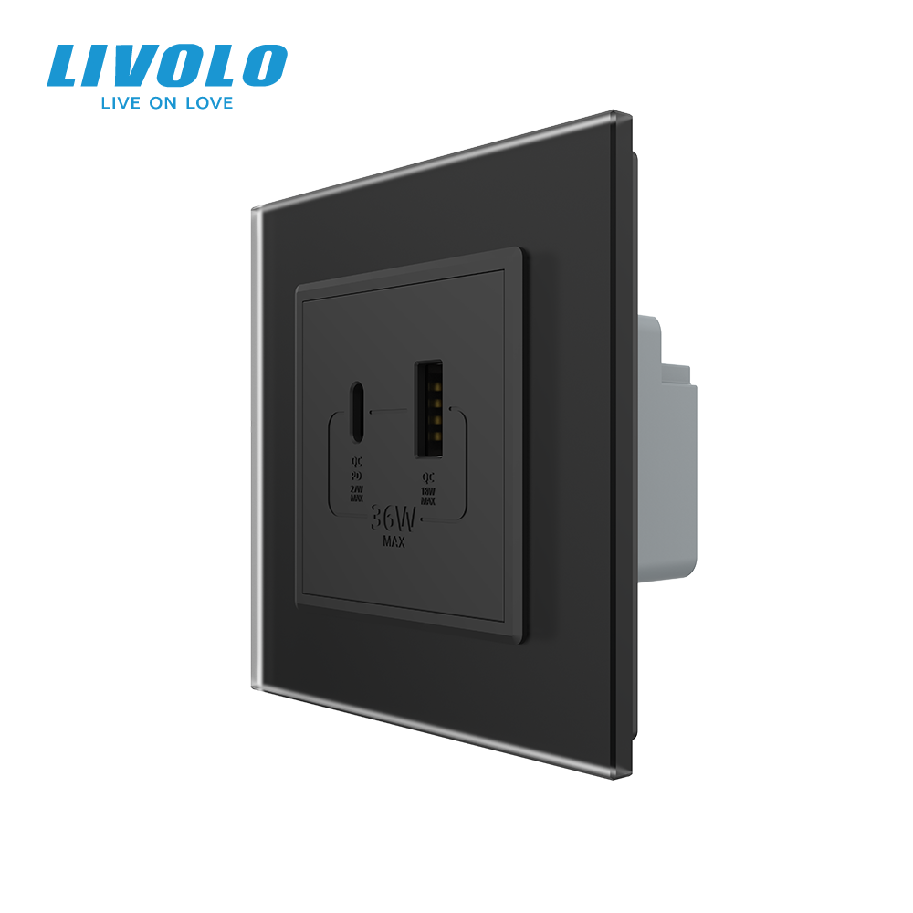 Розетка USB-A та USB-C з Power Delivery 36W LIVOLO чорна матова скло