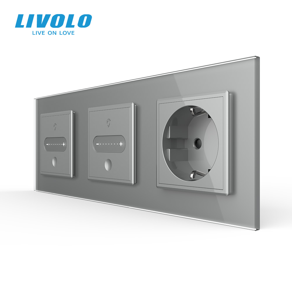 Розумний сенсорний димер LIVOLO 2 сенсори (1-1) з розеткою, сірий 2.5D скло, 16A 230V, заземлення, захисні шторки