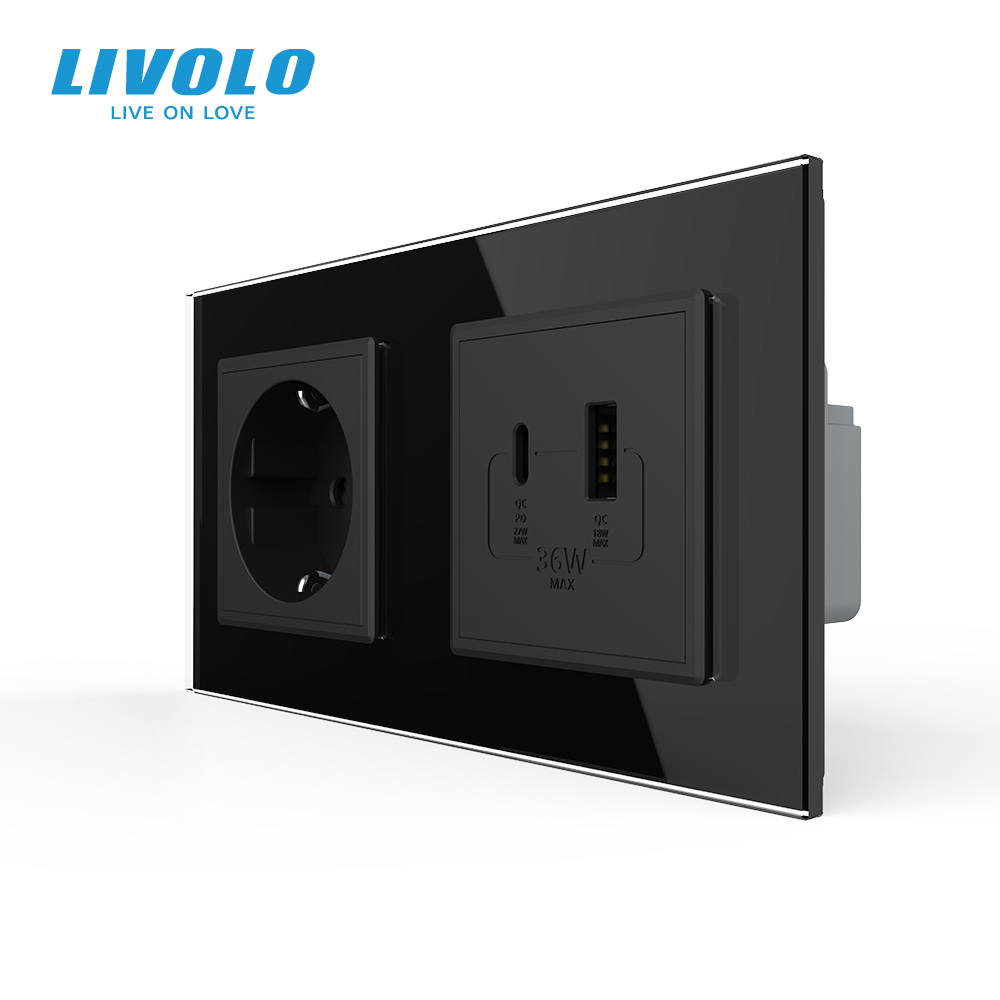 Розетка LIVOLO з USB-A та USB-C, Power Delivery 36W, чорна, настінна дизайнерська, скляна рамка