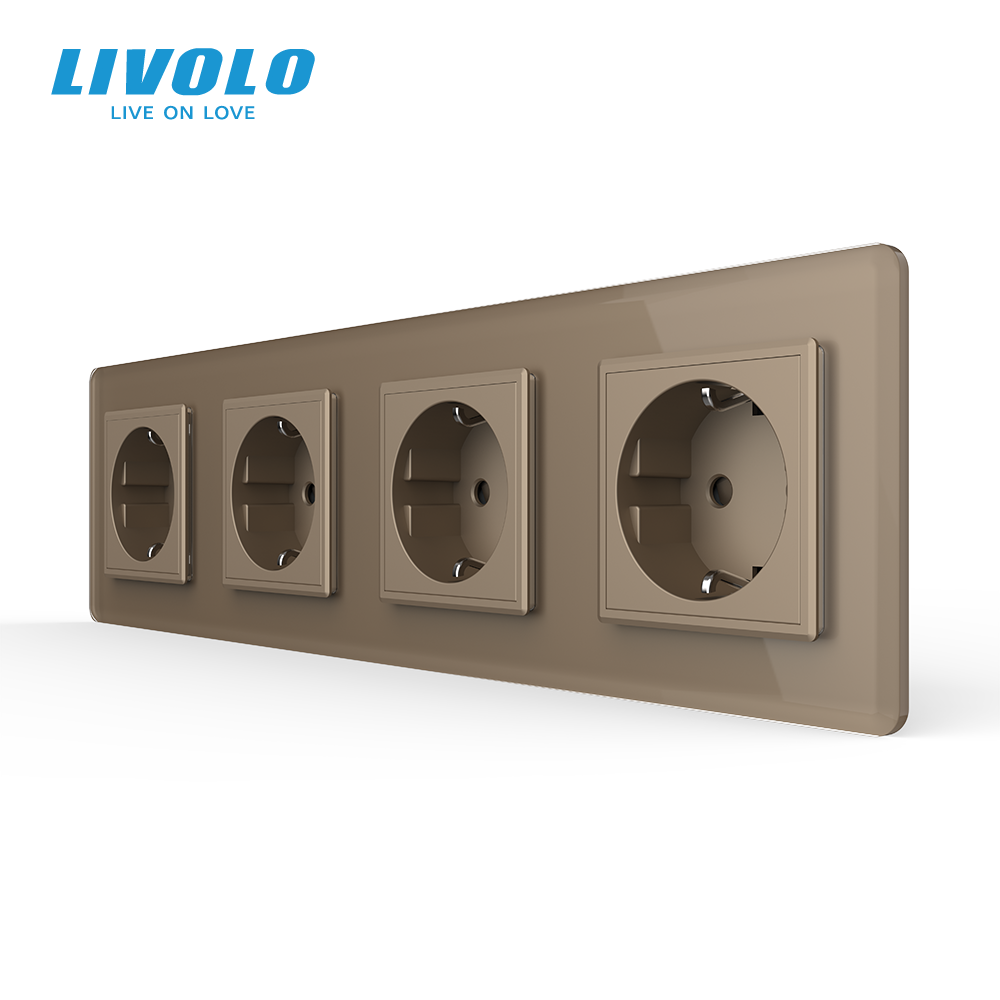 Чотиримісна електрична розетка з заземленням LIVOLO, золота, скляна 2.5D рамка, шторки, 250В 16А