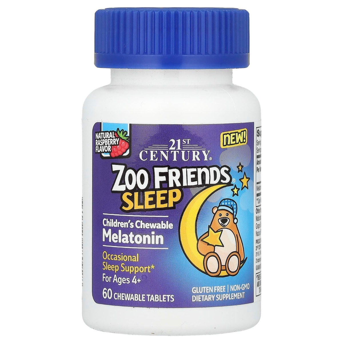 Мелатонін для дітей, від 4 років, смак малини, Zoo Friends Sleep, Children's Chewable Melatonin, Ages 4+, 21st Century, 60 жувальних таблеток
