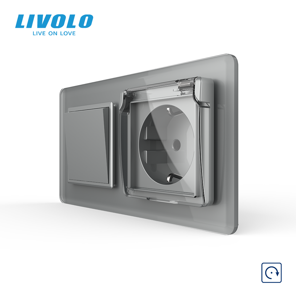 Вимикач без фіксації з розеткою кришка IP44 LIVOLO сірий 2.5D скло, 16А 230В, із заземленням, захисні шторки
