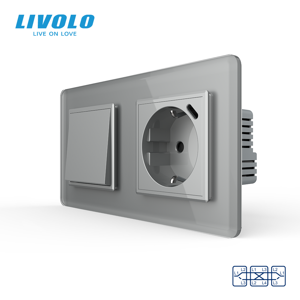 Перехресний вимикач LIVOLO з розеткою та USB Type-C 18Вт, сірий 2.5D, скло, із заземленням і захисними шторками