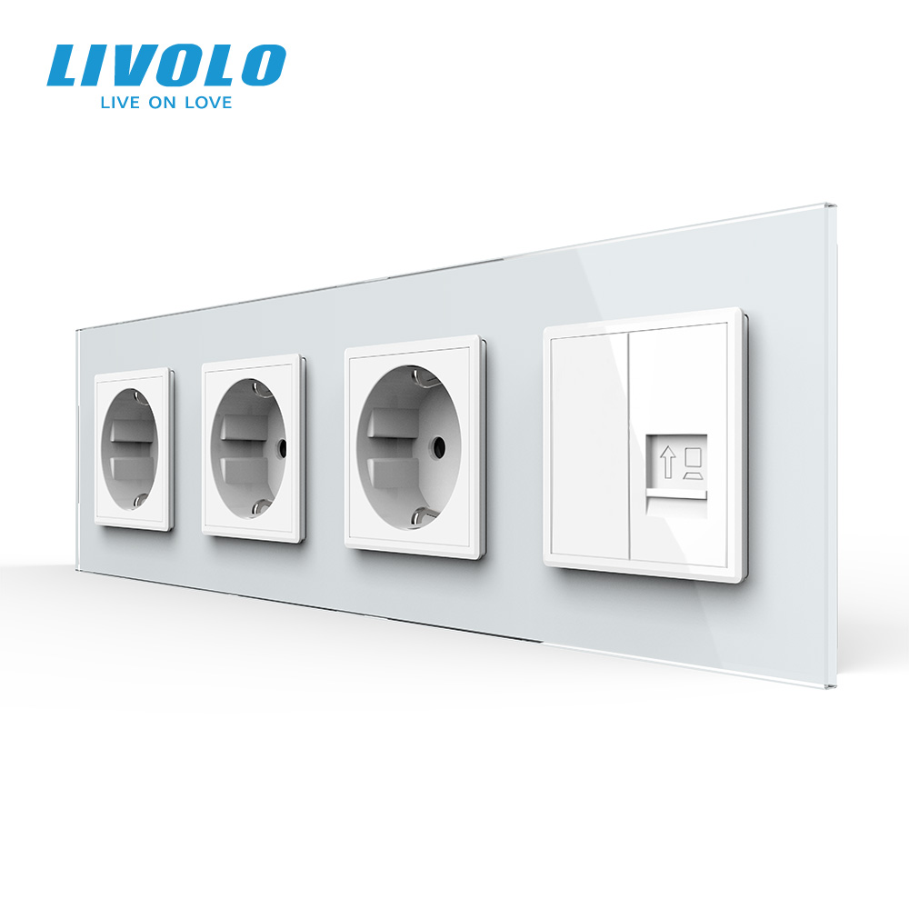 Розетка чотиримісна комбінована Силова Інтернет LIVOLO біла 2.5D скло