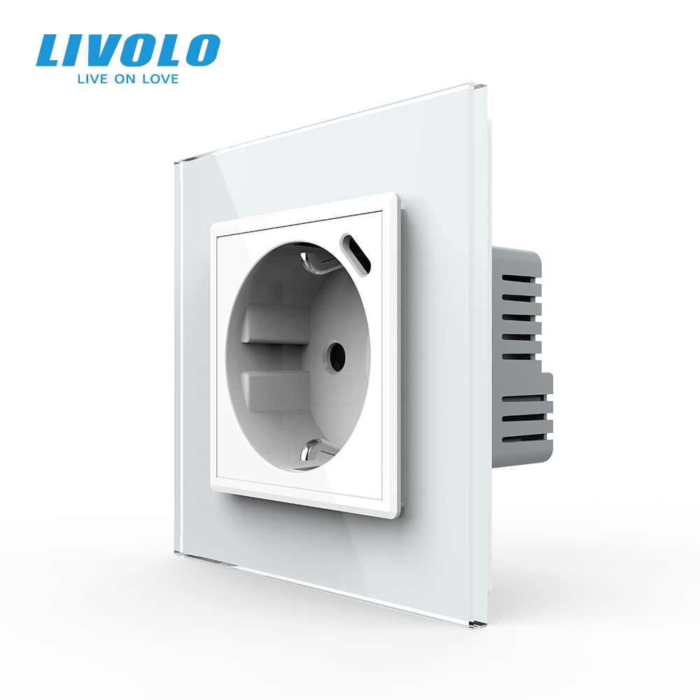 Електрична розетка з USB Type-C 18Вт для зарядки, з заземленням, LIVOLO, біла, скляна 2.5D рамка, 250В 16А