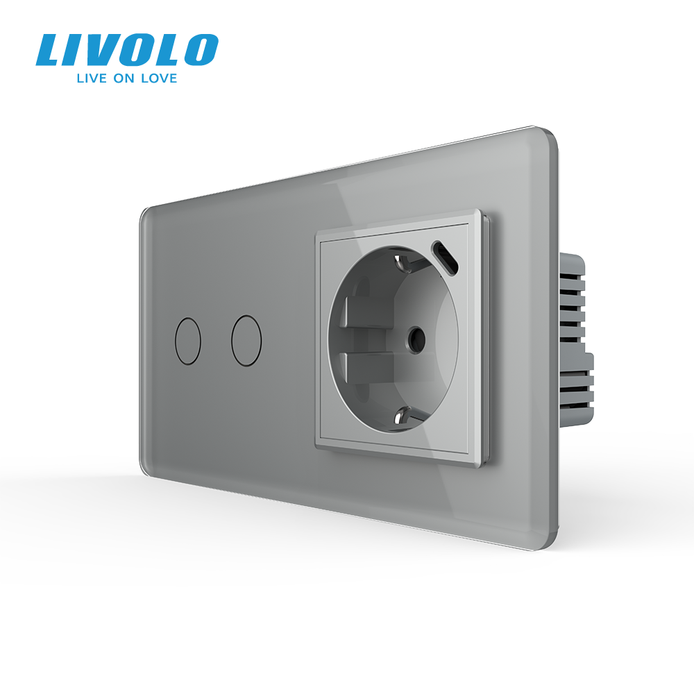 Сенсорний (дотиковий) подвійний вимикач LIVOLO з USB Type-C 18 Вт сірий 2.5D 16 А 230 В із заземленням шторки скло