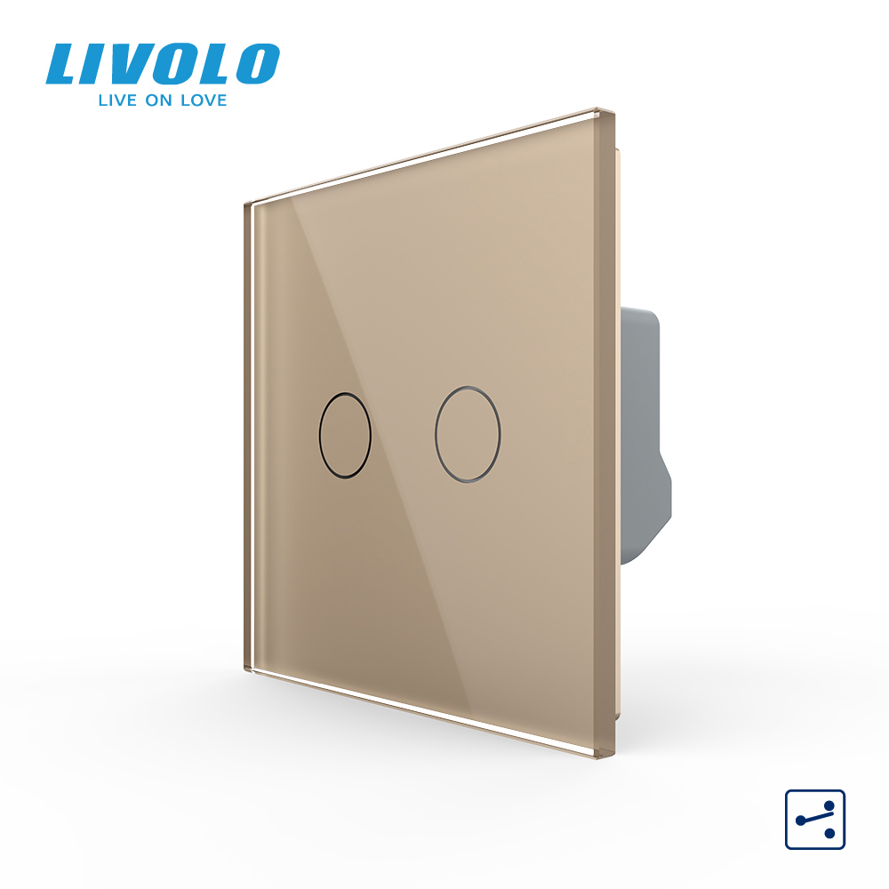 Сенсорний вимикач LIVOLO, 2-сенсорний, золотий скляний, прохідний / перехресний, 5А 230В, без нейтралі (VL-C7FC2S-2AP)