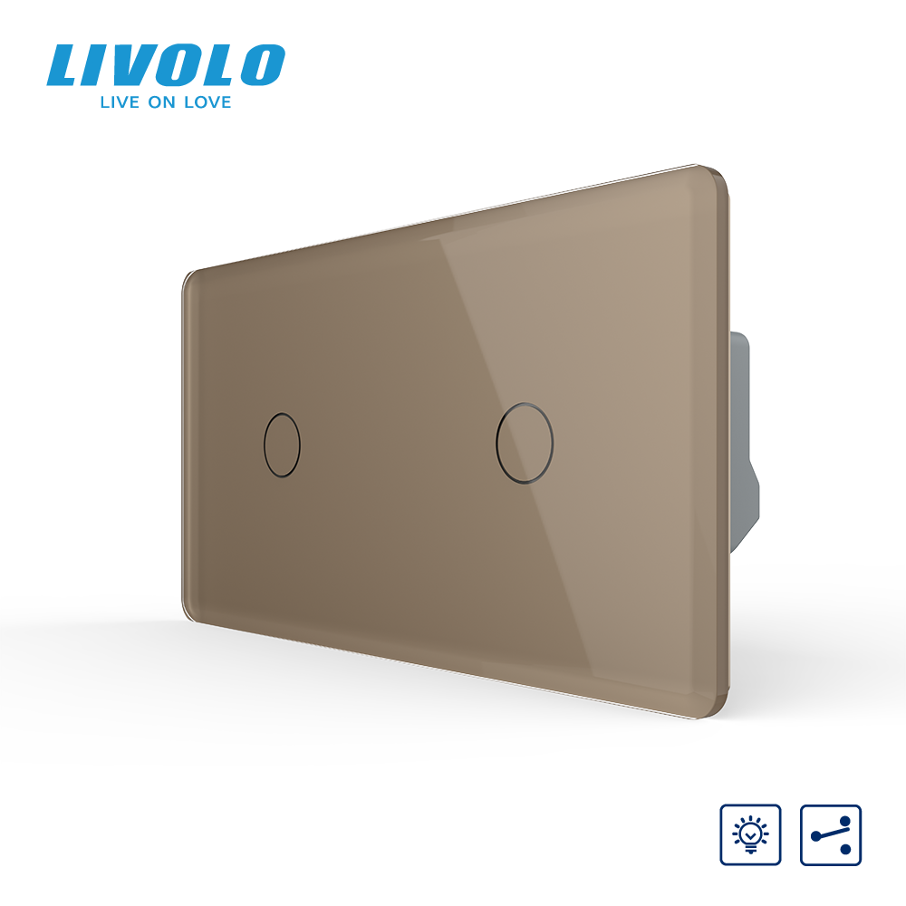 Сенсорний прохідний димер LIVOLO, 2 сенсори (1-1), золотий 2.5D, скло
